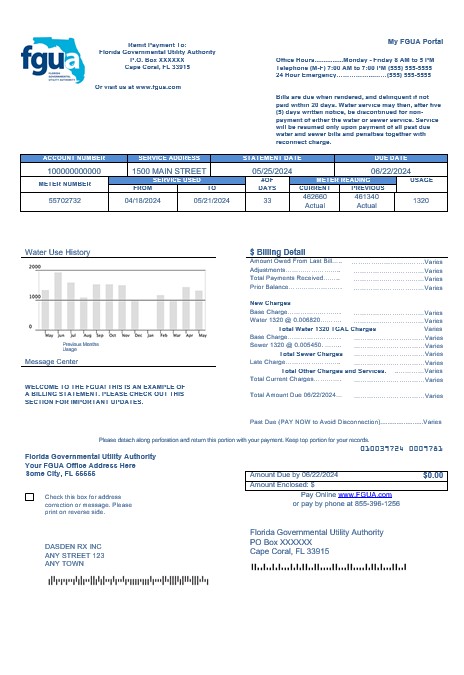 USA Florida FGUA business utility bill template in Word and PDF formats